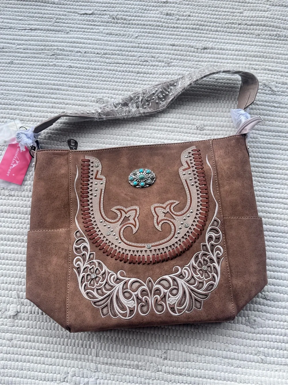 Montana West Western Tooled Tote Bag Brown Turquoise Concho Boho
